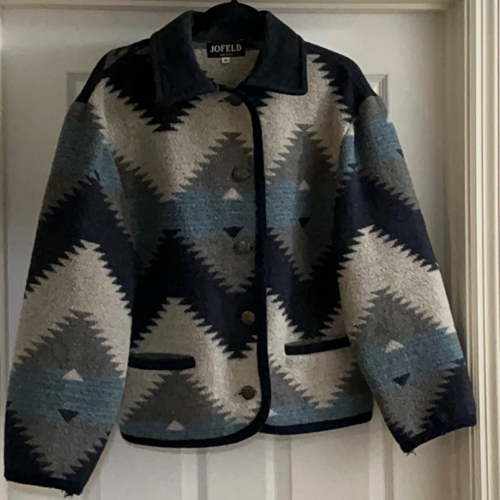 JOFELD VINTAGE WOOL COAT JACKET SOUTHWEST AZTEC FLAME STITCH​‎
